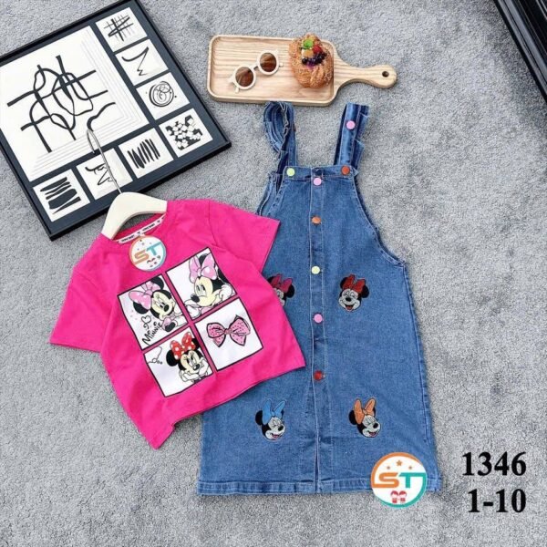 Girls Mouse Denim Pinafore Set Pk