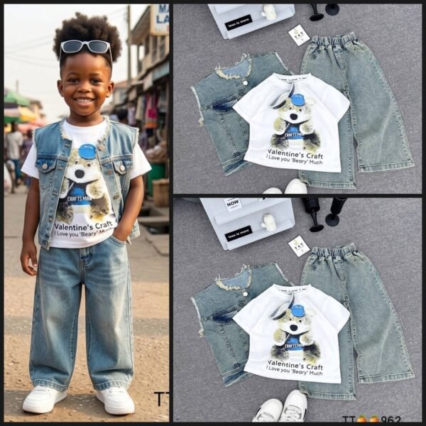 New style  Denim Vest & Bear Tee 3pcs Set