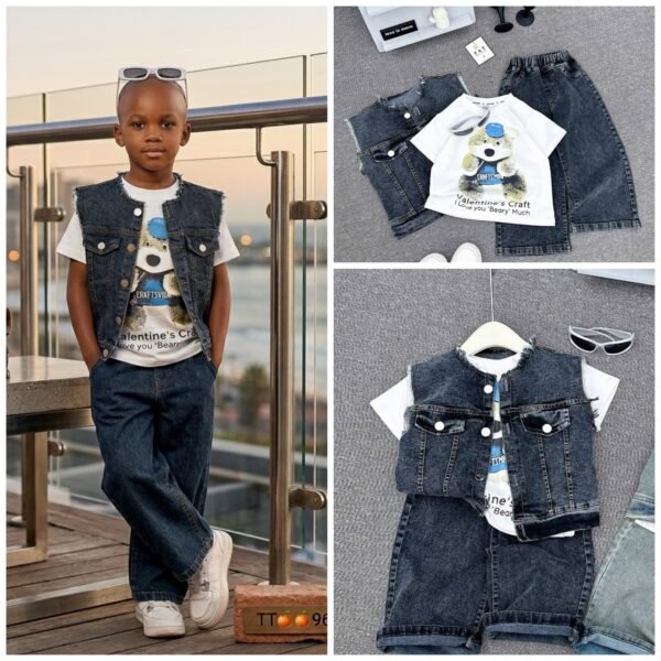 New style  Denim Vest & Bear Tee 3pcs Set