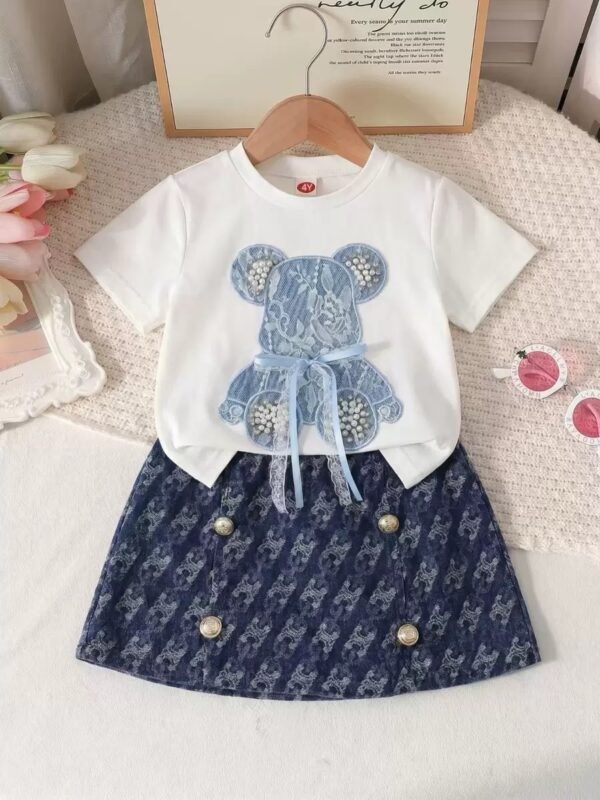 Girls' Top with Bear Appliqué + Denim Skirt Pants Set Two-Piece Set