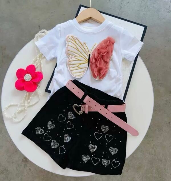Girls 3D Butterfly Graphic Tee & Rhinestone Heart Shorts with Belt