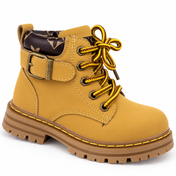 Kids Mustard Yellow Lace-Up Buckle Combat Boot