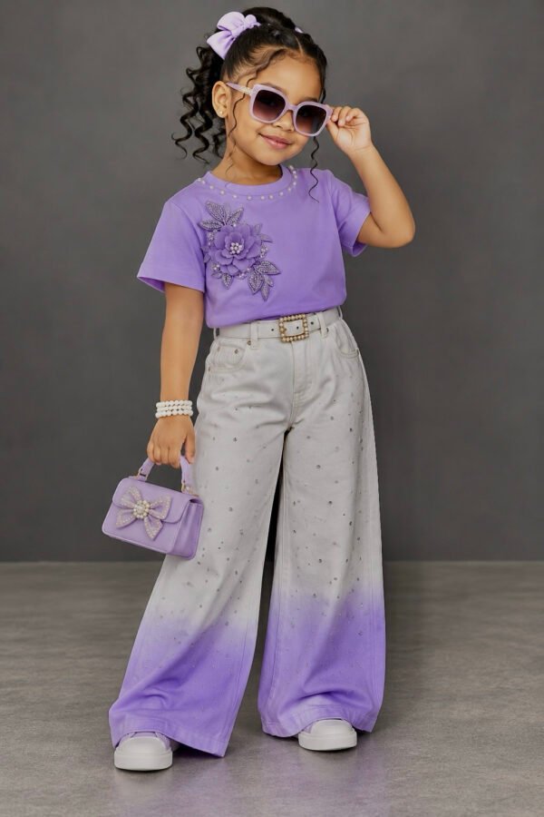 Girls’ Lavender Floral Tee & Ombre Rhinestone Pants Set
