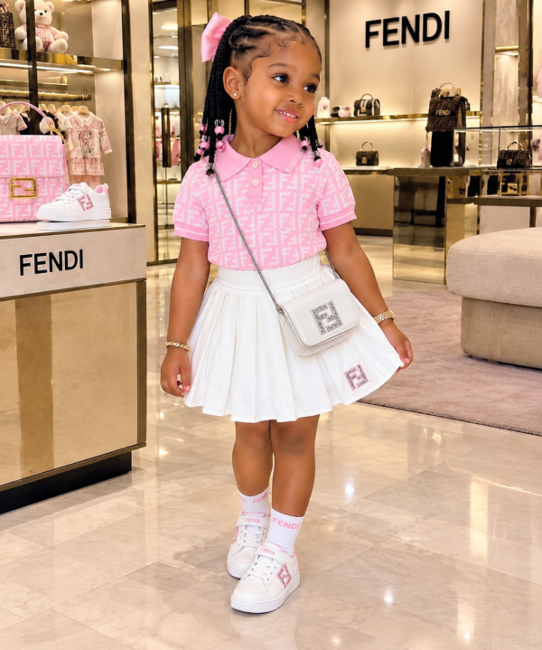 Girls Pink FND Polo Top & White Pleated Skirt Set with Bag