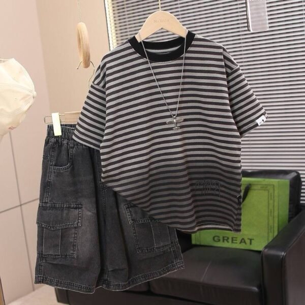 Black Striped T-Shirt & Black Denim Cargo Shorts Set