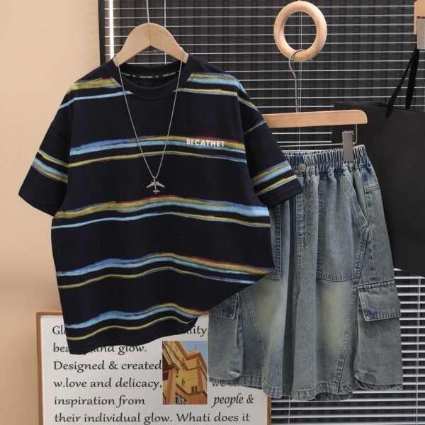 Boys Striped T-Shirt & Blue Denim Cargo Shorts Set
